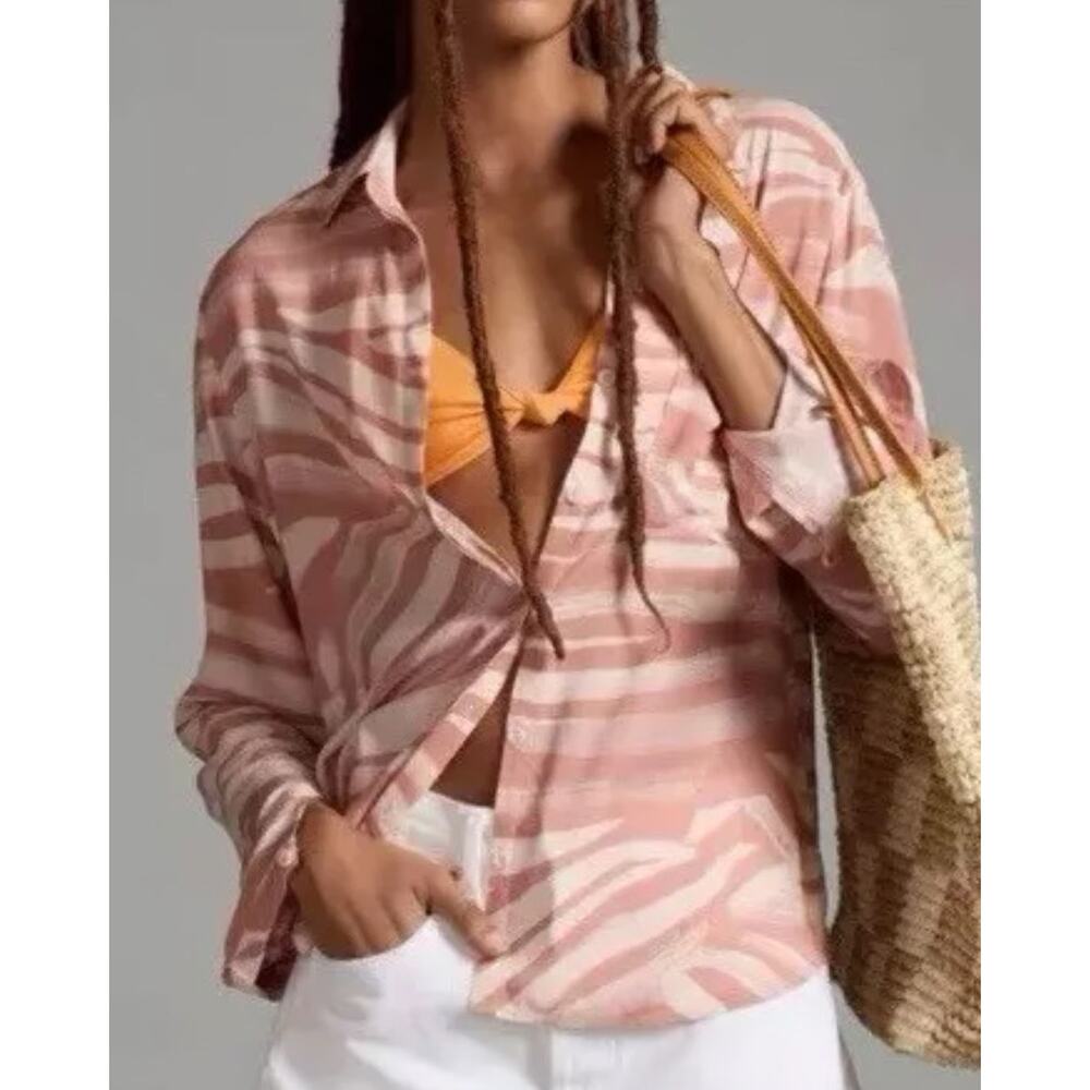 Cloth & Stone Women's Small Pink Zebra Print Button-Down‎ Shirt Long Sleeve